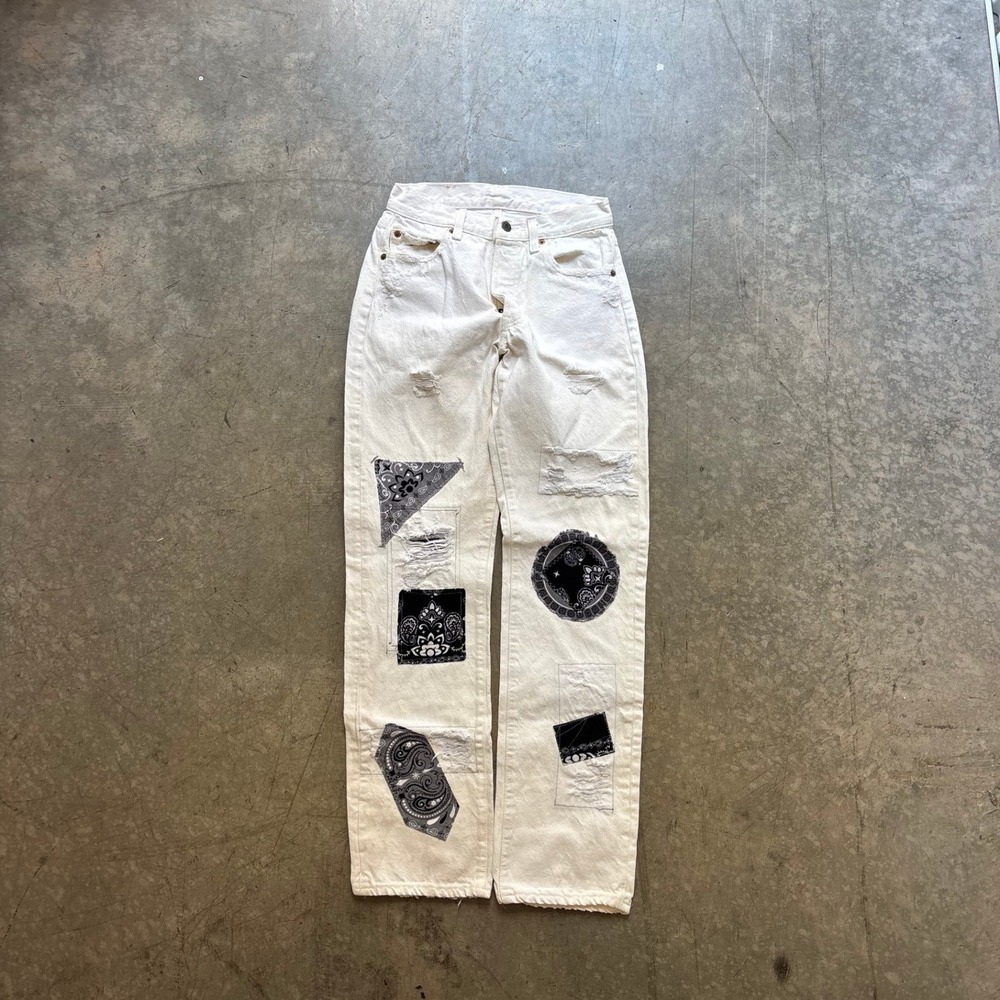 Vintage 80's Levi's 501 Button Fly White Jeans Patchwork Repairs‎ 26x31